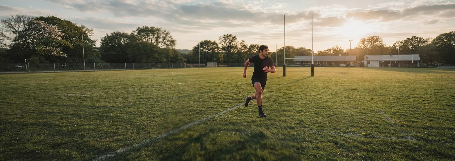 Coureur en pleine accélération sur un terrain de rugby au coucher du soleil
